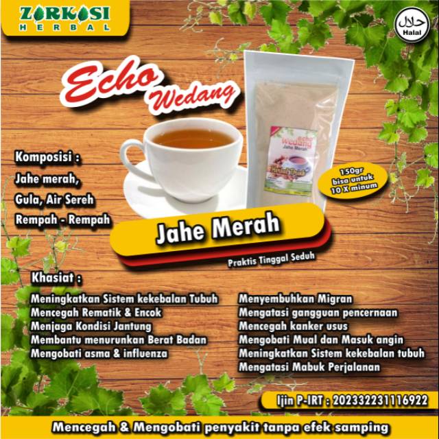 

Echo Wedang varian Jahe merah. Meningkatkan daya tahan tubuh. Mencegah masuknya virus.