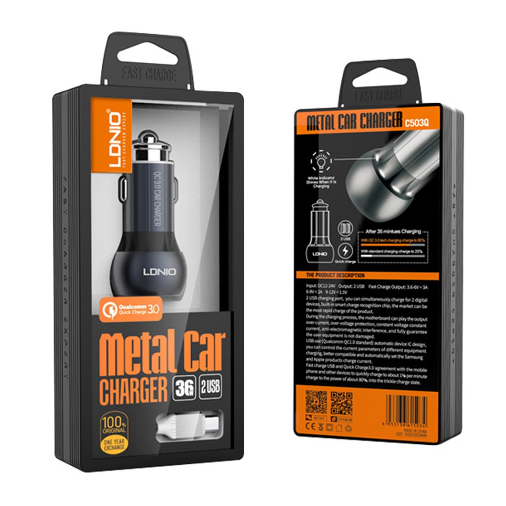 LDNIO C503Q Car Charger Dual USB Quick Charge 3.0-Charger Mobil 2 USB