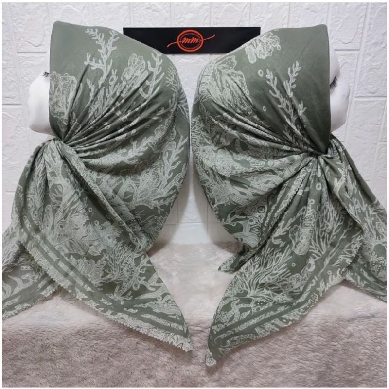 hijab denay segiempat motif akar warna hijau army  krudung voal denay