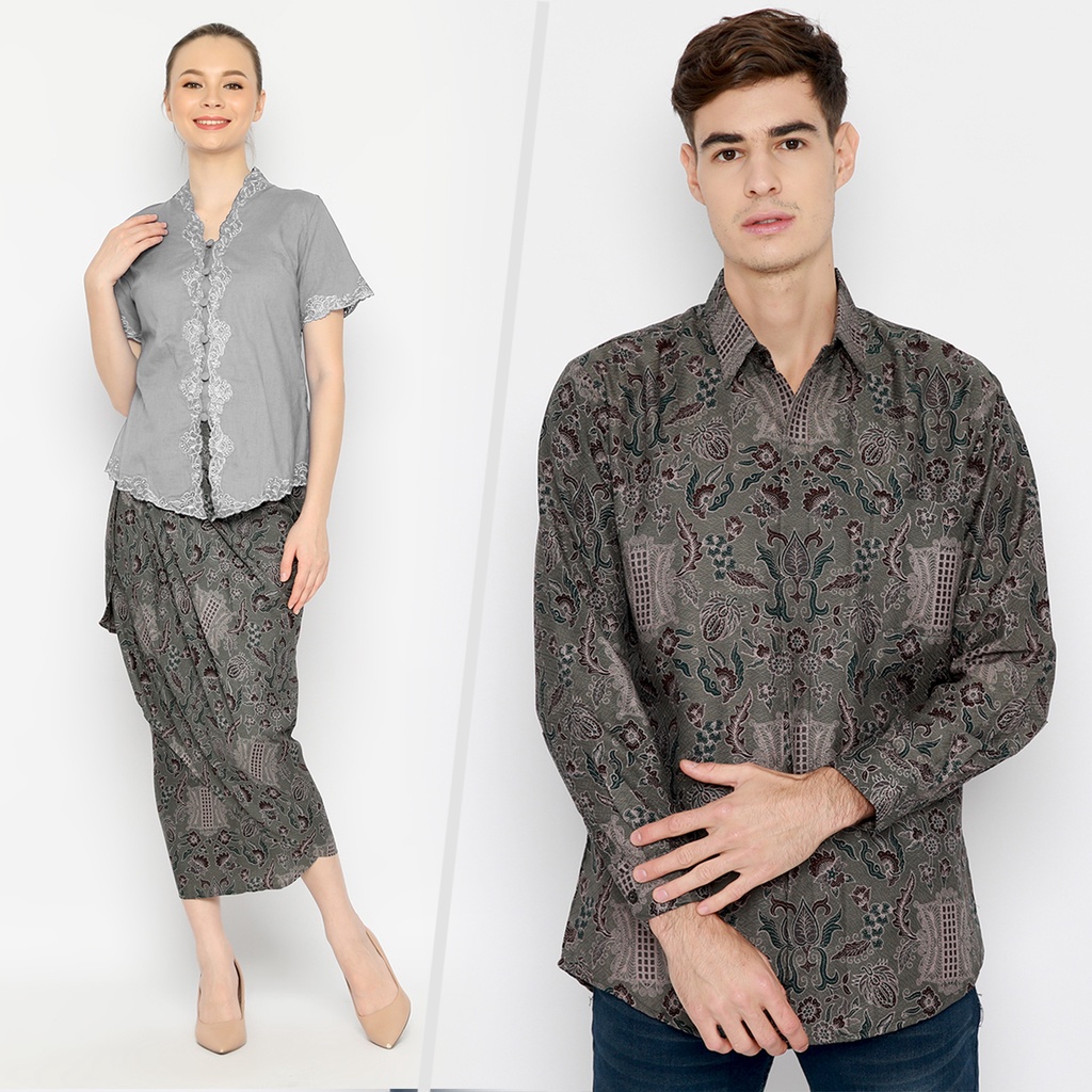 BATIK COUPLE MODERN Kemeja Rok Lilit Instan Batik Pria Lengan Panjang Premium Motif Pintu Aceh Abu Grey 721076 CAP 72