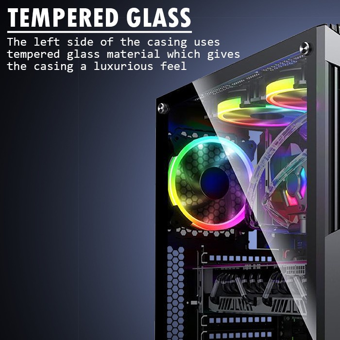 Casing Gaming RAPTOR Black Strike 1810 LED RGB Tempered Glass + 2 FAN - Hitam