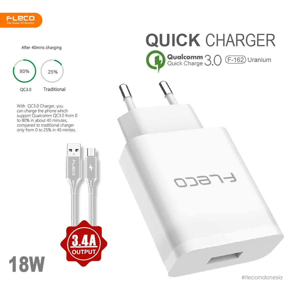 Charger Travel Adaptor Colokan USB 1 Port FLECO F-162 QC3.0 Qualcomm Fast Charging [non kabel]