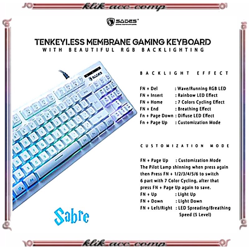 Keyboard gaming sades sabre TKL RGB Backlight Membrane