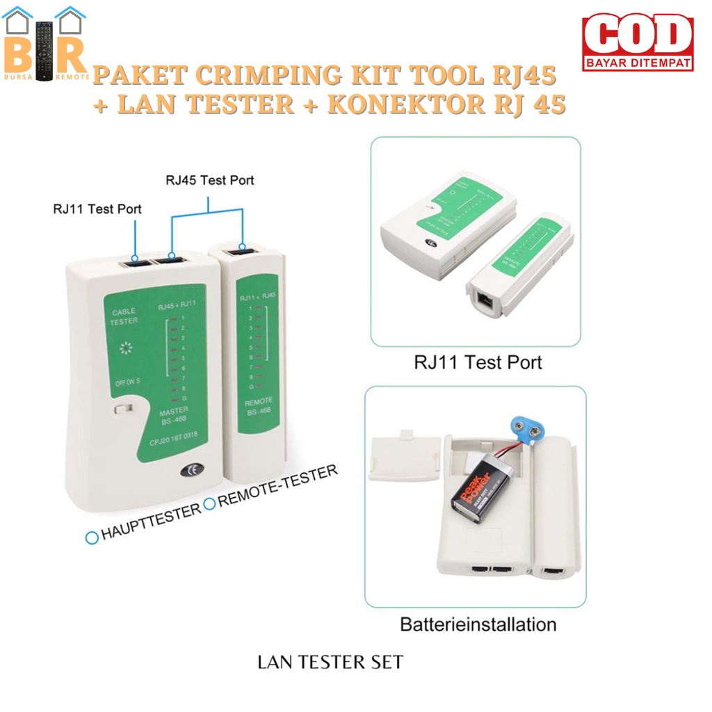 Paket CRIMPING KIT TOOL NETWORK TOOLS RJ45  + LAN TESTER + KONEKTOR RJ 45 + TANG CRIMPING PERALATAN JARINGAN