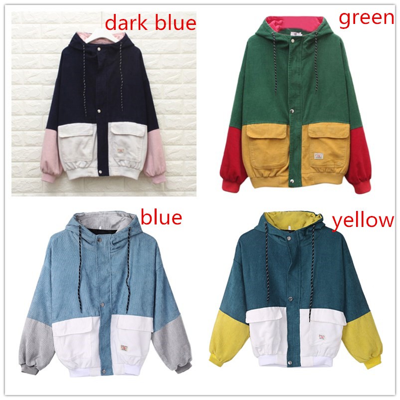 corduroy color block drawstring hooded jacket