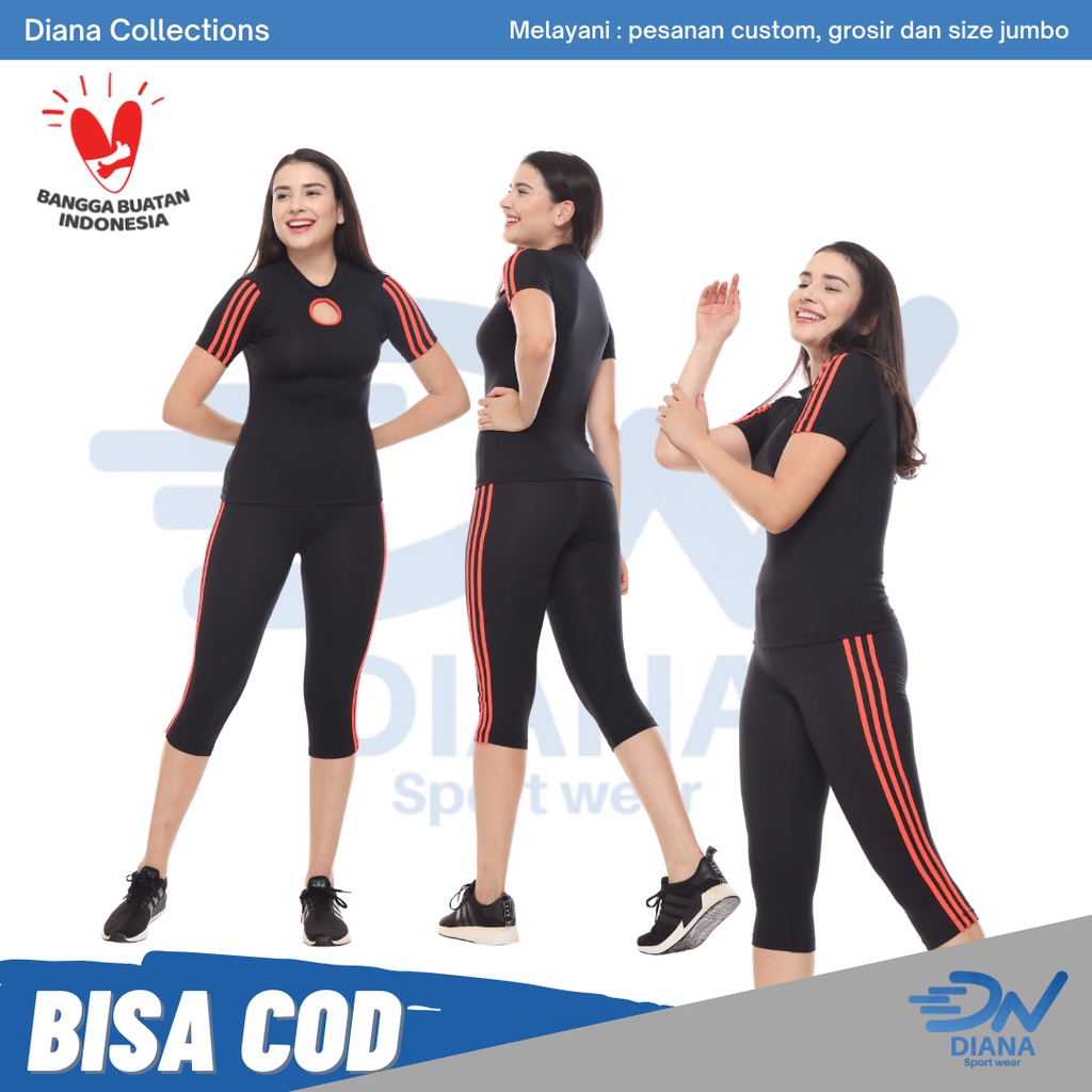 Setelan baju olahraga wanita list merah