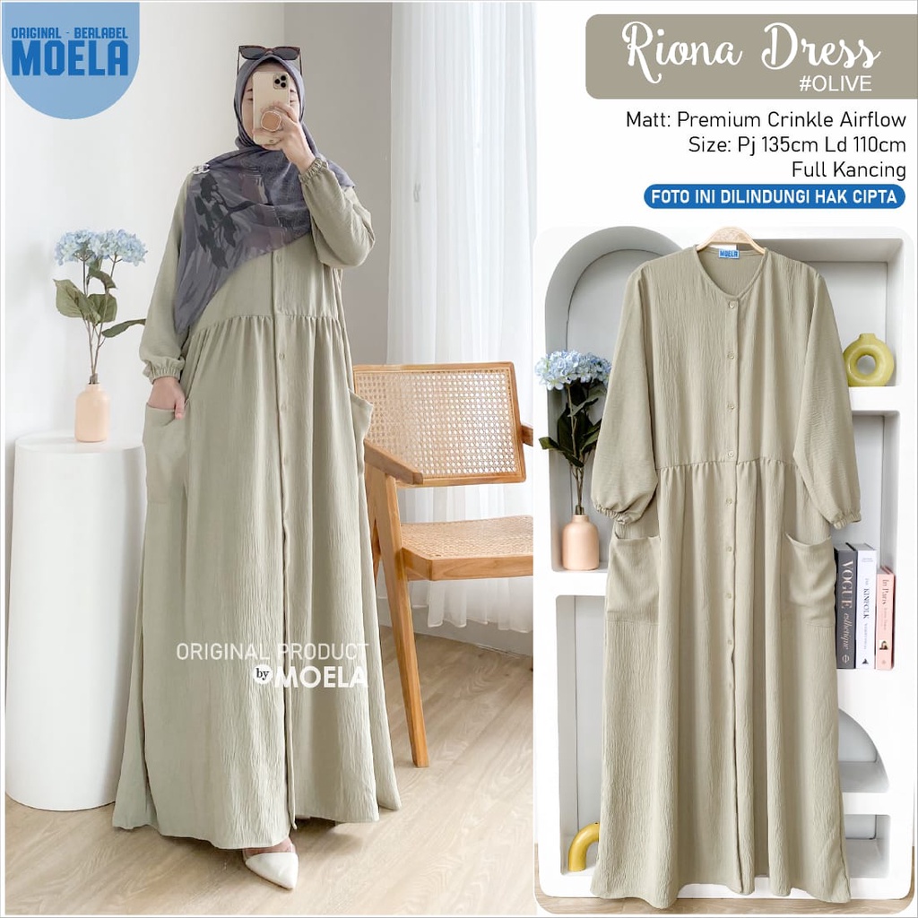 RIONA DRESS GAMIS ORI MOELA ld 110cm premium crinkle airflow full kancing saku OOTD STYLE WANITA MUS
