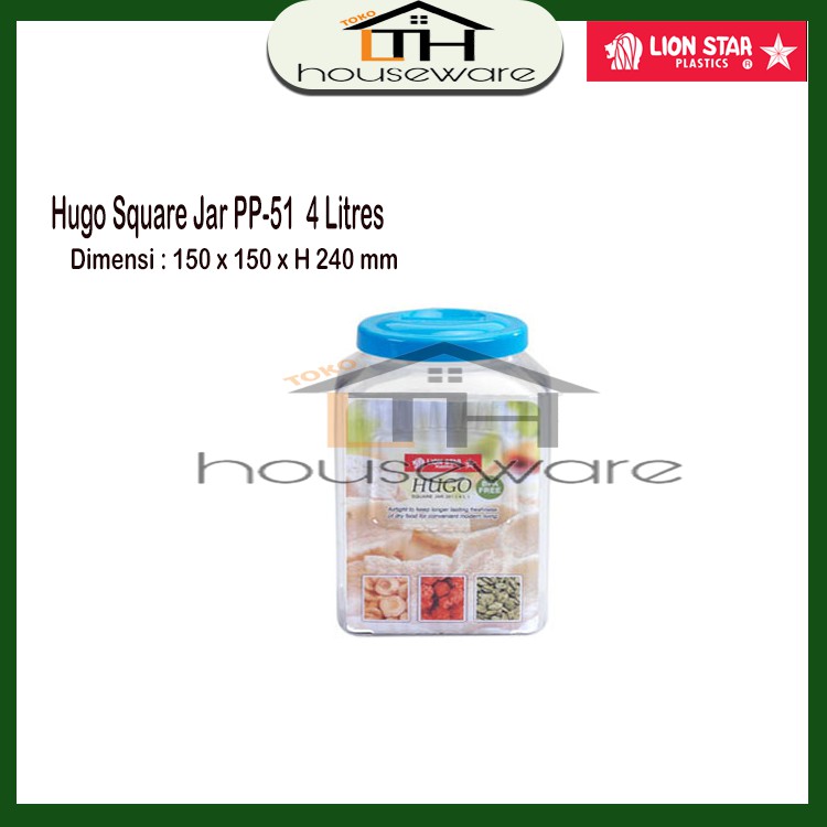 TOPLES PLASTIK / TEMPAT SELAI SEGI 4 LITER HUGO SQUARE JAR 201 -LION STAR PP-51 KELER KERUPUK
