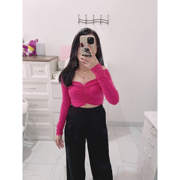 Rose sabrina Lengan panjang | croptop sabrina wanita lengan panjang | croptop sexy sabrina wanita | croptop korean fashion import | aquarius boutique89 grosir