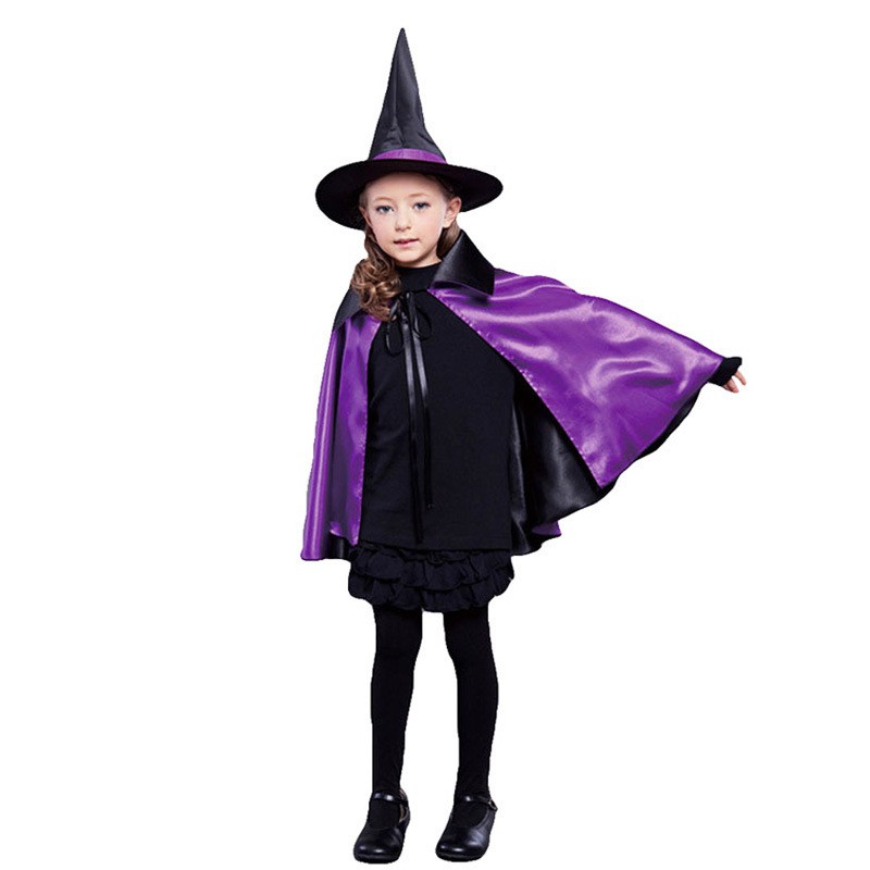 JB-06 jubah bolak-balik halloween anak penyihir merah ungu halloween kostum pesta witch cloak