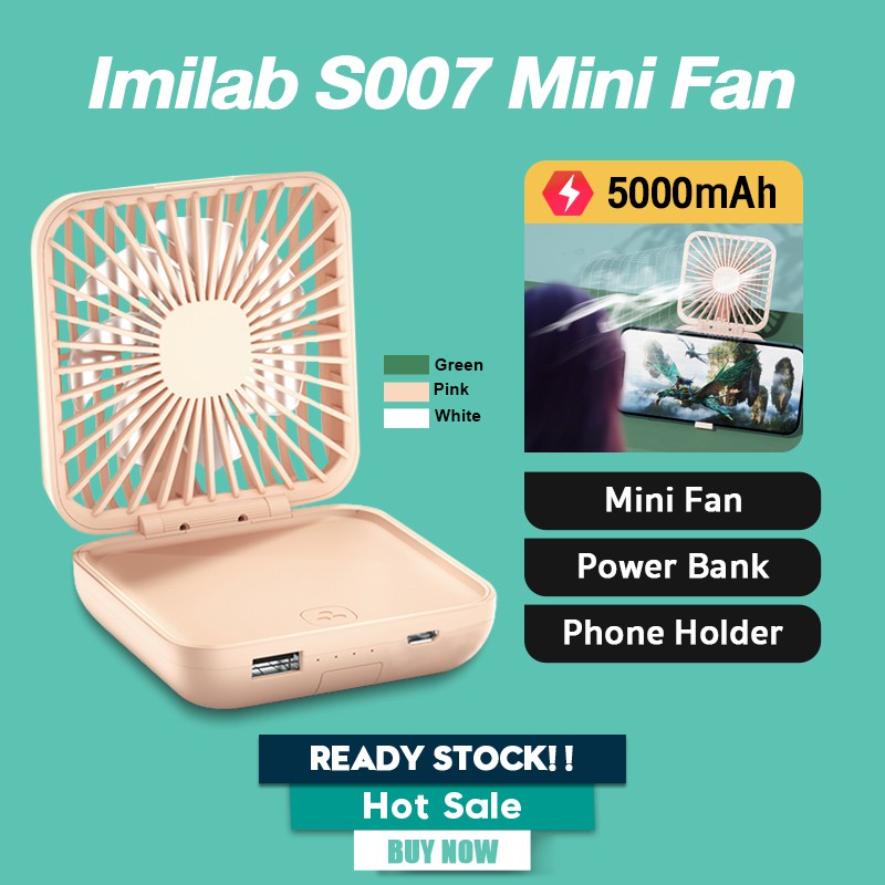 Imilab S007 Handheld Mini Portable Fan powerbank 5000mah Phone Holder 3 in 1 Kipas Angin Portable