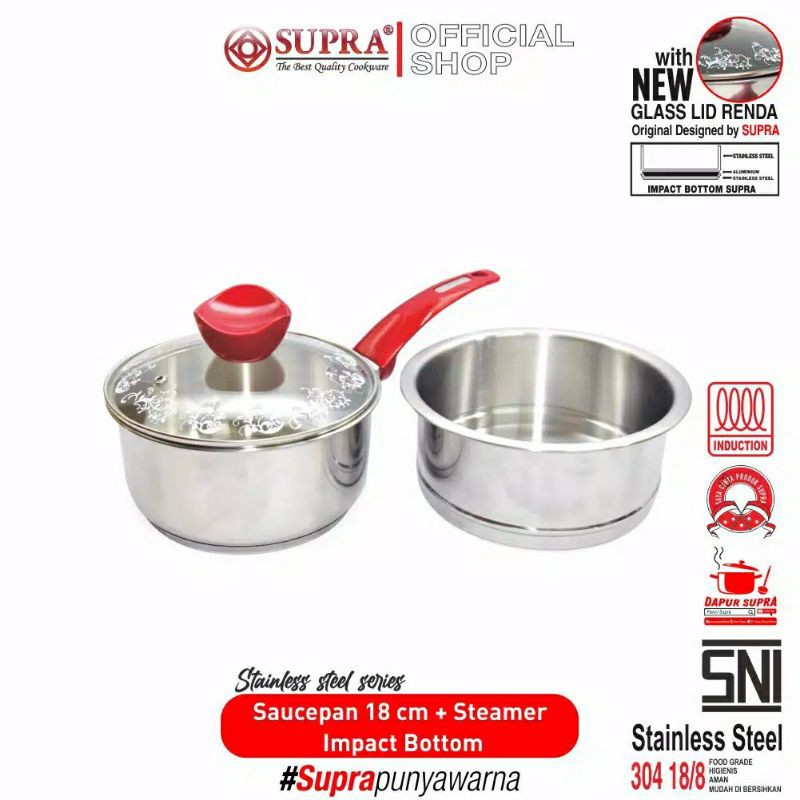 SUPRA Impact Bottom Panci Stainless Sauce Pan dan Steamer 18 Cm Stainless Steel