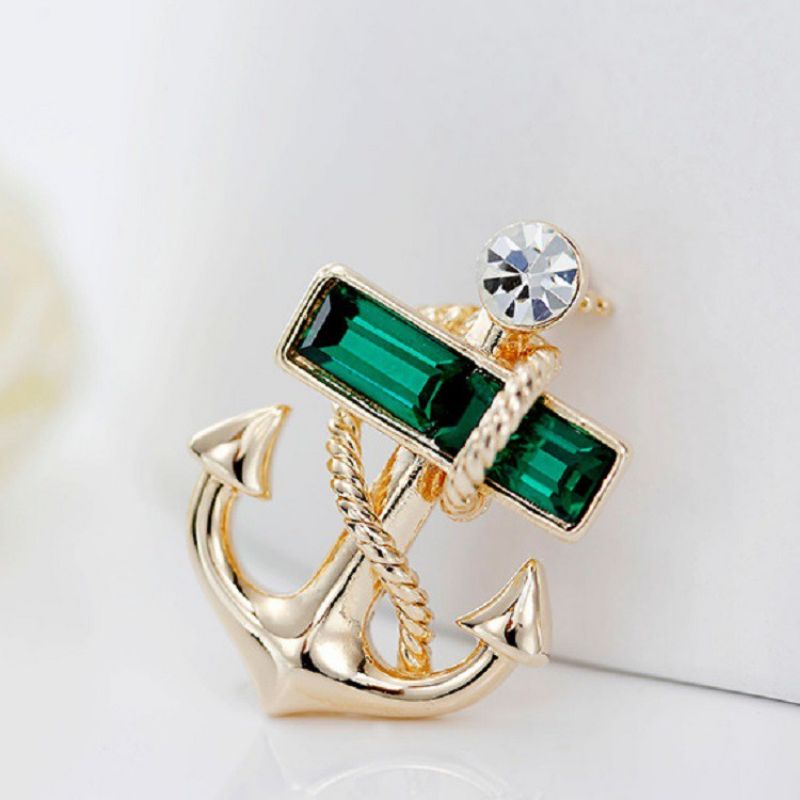 Bros Jangkar Kapal Hias Kristal Hijau - Brooch Anchor - Pin Simple