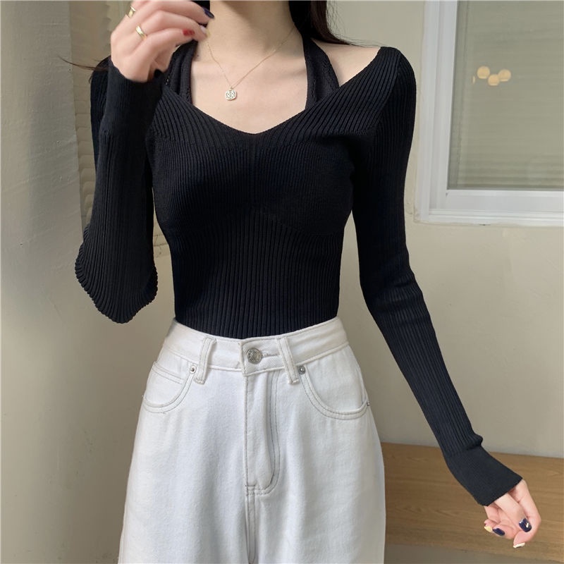 Suhao Kalung V-neck Knitwear Pakaian Wanita Musim Semi dan Musim Panas Versi Korea Baru Slim Fit Legging Knitwear Lengan Panjang Atasan