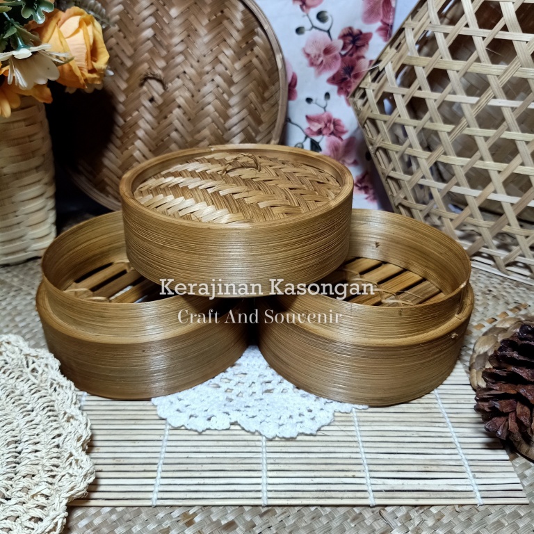 (B095 C) Klakat Bambu Bulat 13cm Mini 2 wadah 1 tutup/Hampers/Kado/Wadah Parcel/Kukusan/Pengukus Dim