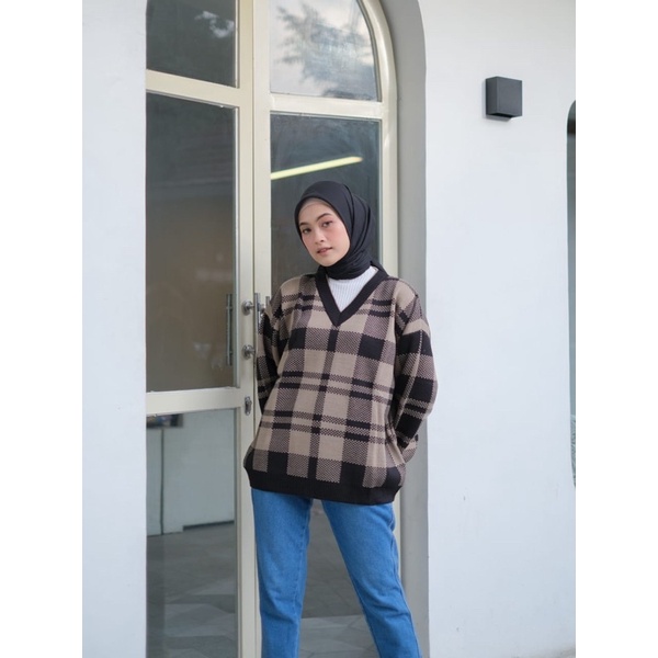 KAYRA KNIT | SWEATER RAJUT MOTIF SQUARE OVERSIZE | KNITWEAR PREMIUM TEBAL LEMBUT | BLOUSE V NECK