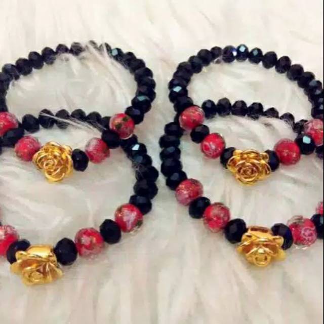 Gelang Manik Kristal Hitam Bunga Lampwork ( 4 bh )