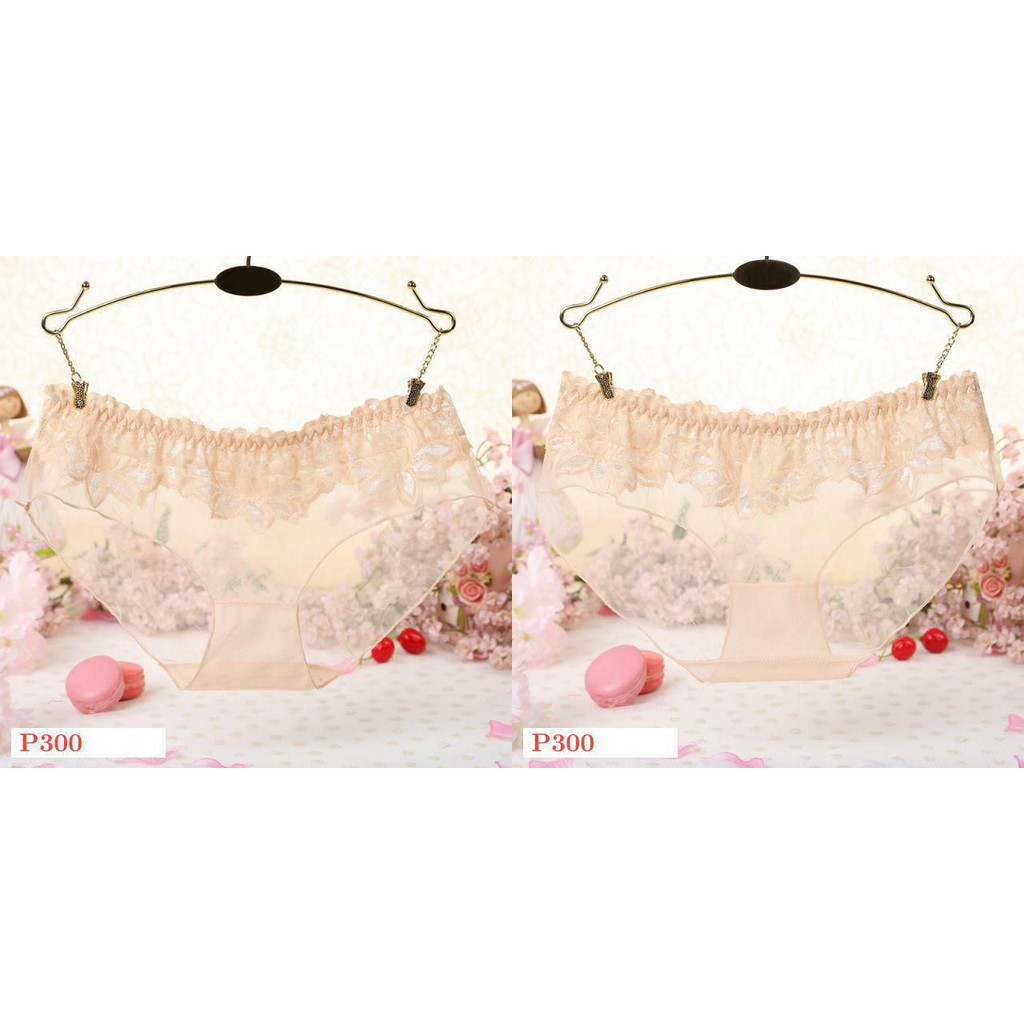 P300 - Celana Dalam Panties Boyshort Krem Transparan, Renda Bunga