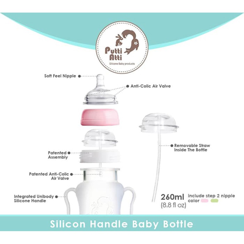 PUTTI ATTI SILICONE HANDLE BABY BOTTLE 260ML - PINK / BOTOL SUSU