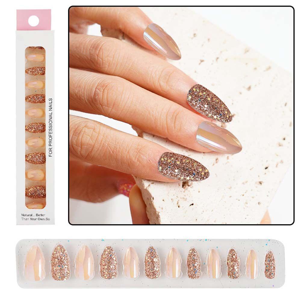 AUGUSTINA Agustin Lady Kuku Palsu Portable 12pcs /set Buatan Tekan Pada Kuku Electroplated Teardrop Shaped Fake Nails Full Cover Fake Nails