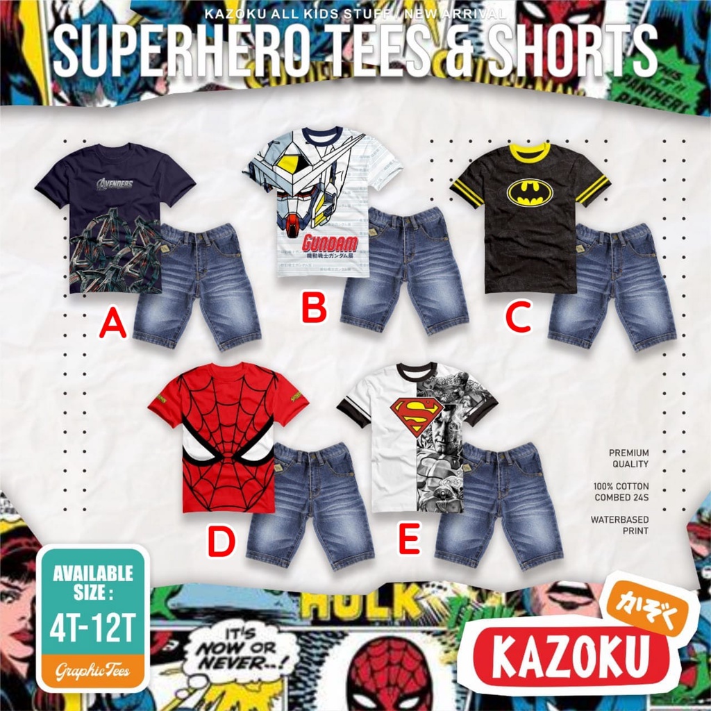 FLV KAZOKU Tees & Shorts Jeans / Setelan Pendek Celana Jeans Anak