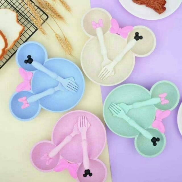 Set Mangkok Mickey Mouse Bahan Jerami / Set Alat Makan Karakter Disney Minnie / Set Makan Mickey