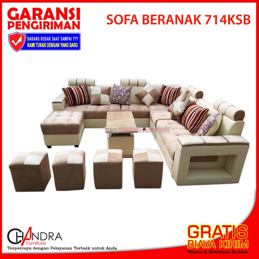 SOFA L Beranak 714KSB + MEJA BERGARANSI (Sofa Sudut, Kursi Ruang Tamu, Sofa Mewah)