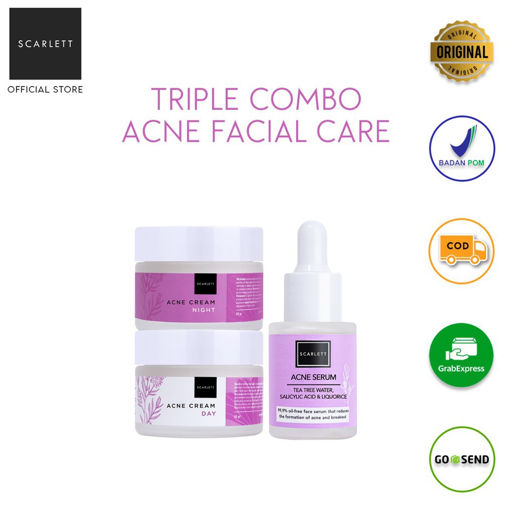 READY! scarlett whitening triple combo brightly &amp; acne facial care / paket wajah bright acne isi 3