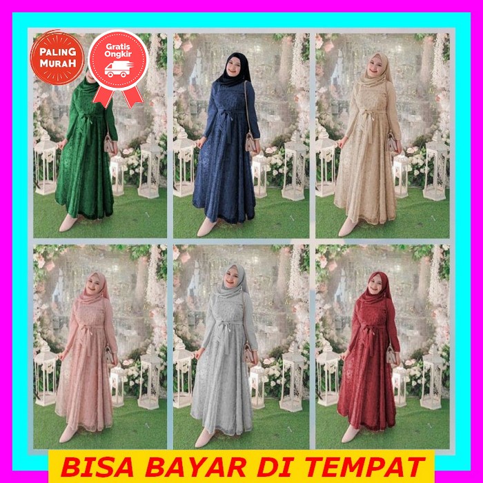 ( Real Pic ) Gamis Brukat Terbaru 2021Mewah Baju Lebaran Kekinian, Bahan Brokat Kombi Moscrepe Big S