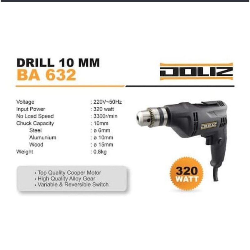 Mesin bor Doliz BA632 Electric drill 10mm variabel speed 2 arah