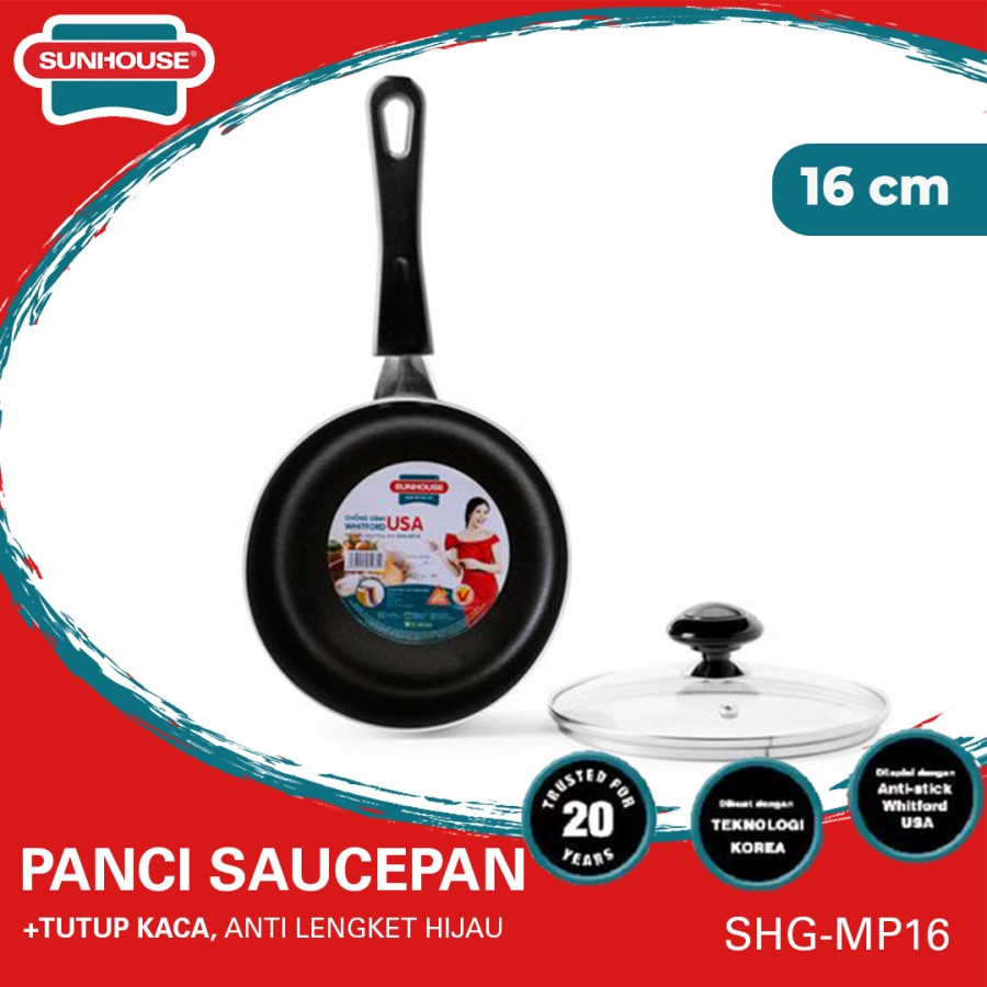 Sunhouse SHG-MP16 Panci Saucepaan Non-Stick+Tutup Kaca Anti Lengket