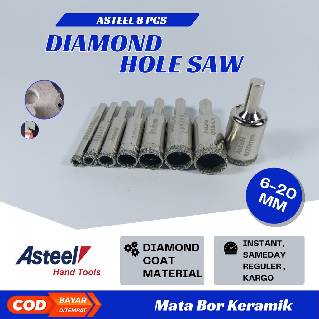 ASTEEL 8 PCS set mata bor kaca keramik granit marmer batu porselen diamond hss holesaw pelubang 6mm - 20mm