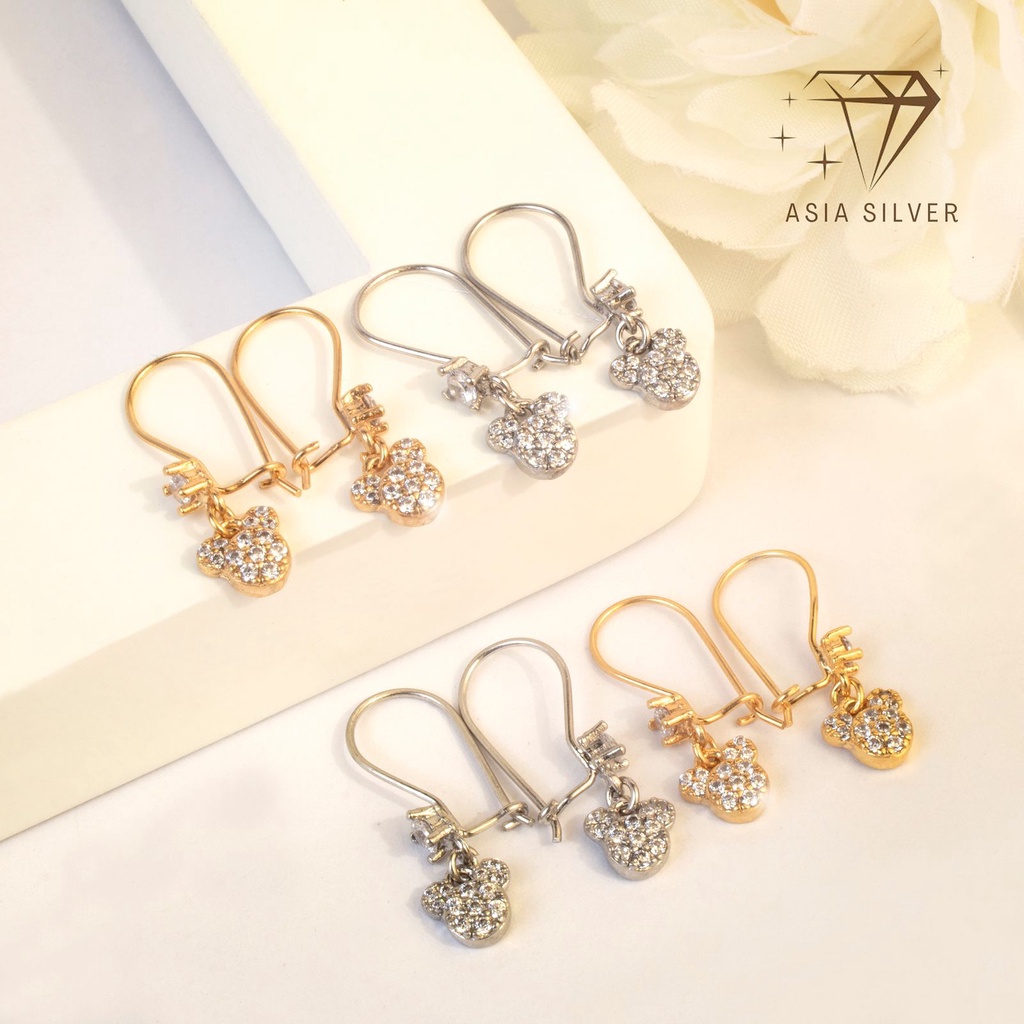 Anting Kait Anak Asli Perak Silver 925 Lapis Emas Kuning dan Putih Model Mickey Mouse - PERHIASAN PE
