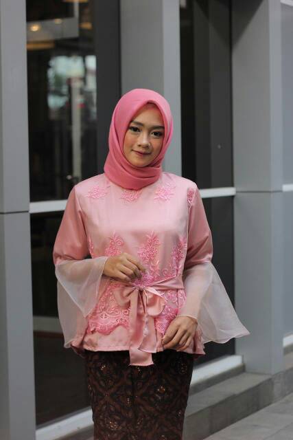 Blouse Hijab Tulle Bordir Wanita Soft Pink M L XL XXL