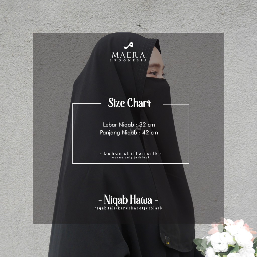 Niqab Cadar Karet dan Tali 2 Layer Tanpa Jahitan Bawah Mata Chiffon Silk Jetblack Hawa