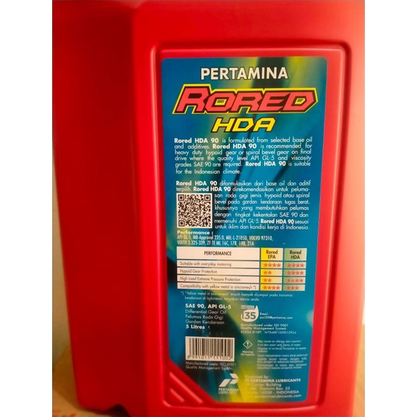 Oli Gardan Pertamina RORED HDA SAE 90, 5 Ltr ASLI PERTAMINA