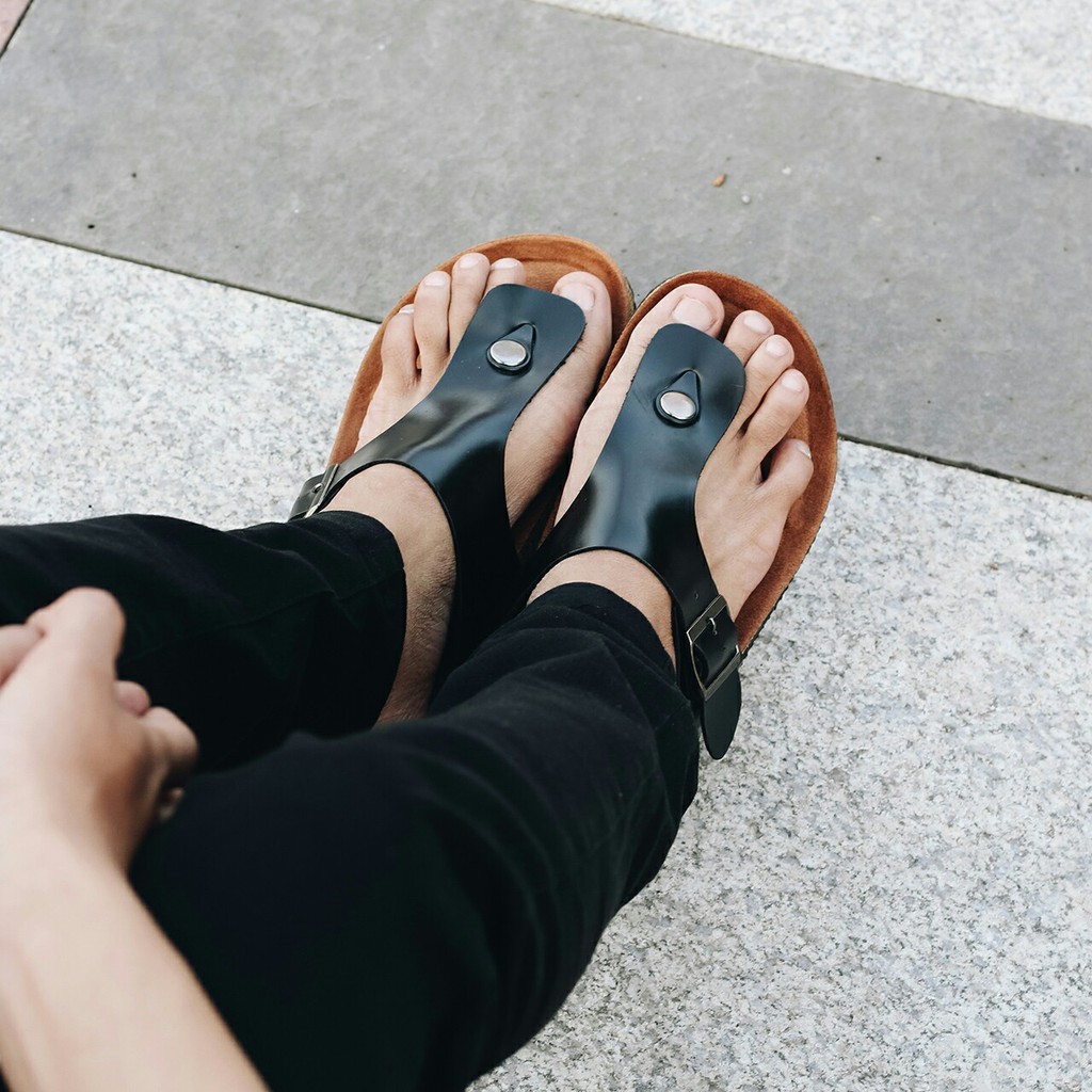 ZAYN BLACK |FORIND x Zensa| Sendal Jepit Tali Kulit Simpel Kayu Pria/Cowok/Men - Sandal Footwear