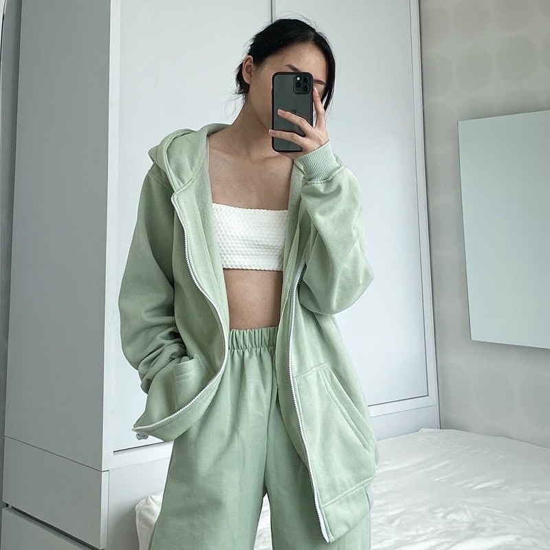 Hoodie polos Oversize Zipper L,XL,XXL jaket Switer Wanita Korea dupe carla by libra-Mint
