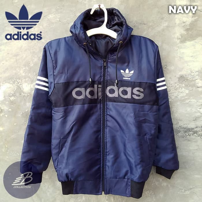 Jaket Adidas Anak Bahan Parasut Tebal Hoodie Ukuran Tanggung Navy terbatas