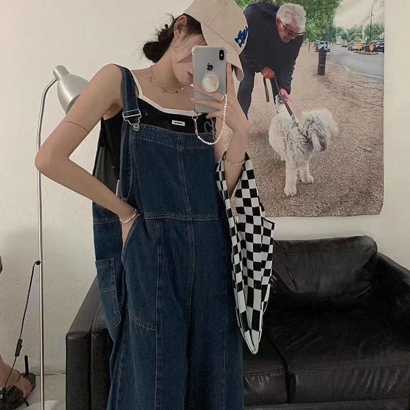 Overall Denim Musim Panas Tipis Celana Kodok Pinggang Tinggi Lebar Kaki Celana Celana Musim Semi Bar