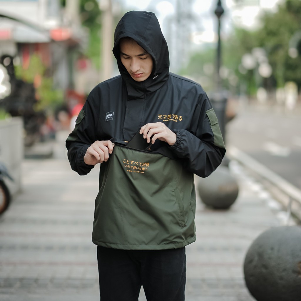 GENIOUS Jaket Cougle HItam Hijau Jaket Parasut Pria Jaket Outdoor