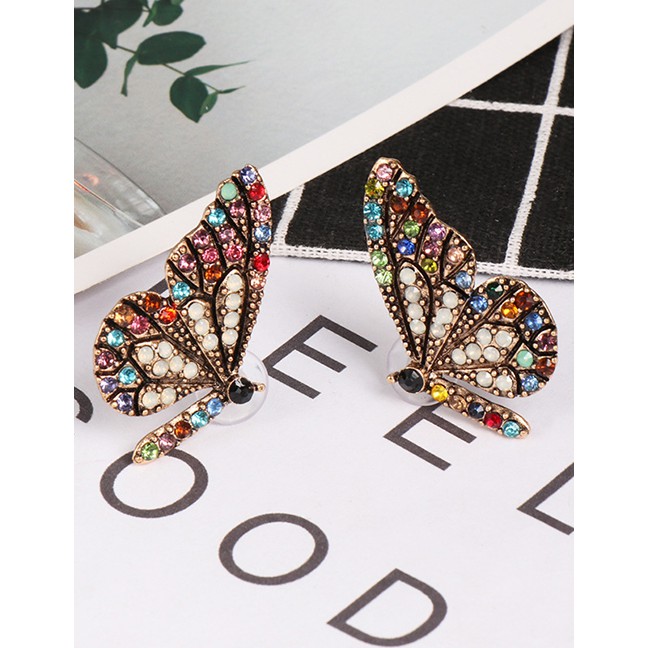 LRC Anting Tusuk Fashion Pink Butterfly Glass Drill Earrings F79962