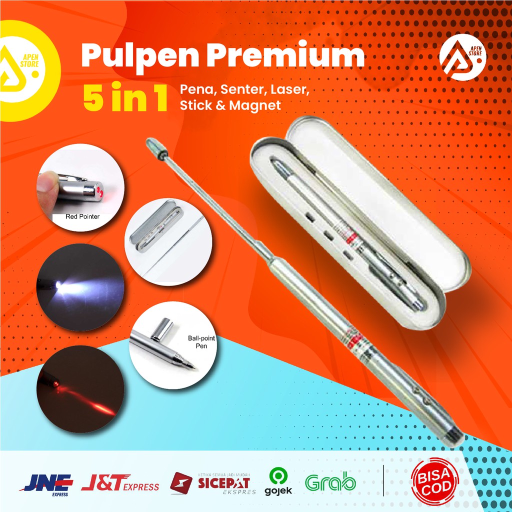 Pulpen Premium 5 in 1 Laser Pointer + Senter + Stick + Magnet | Barang Unik Murah Lucu Import - 5RLS