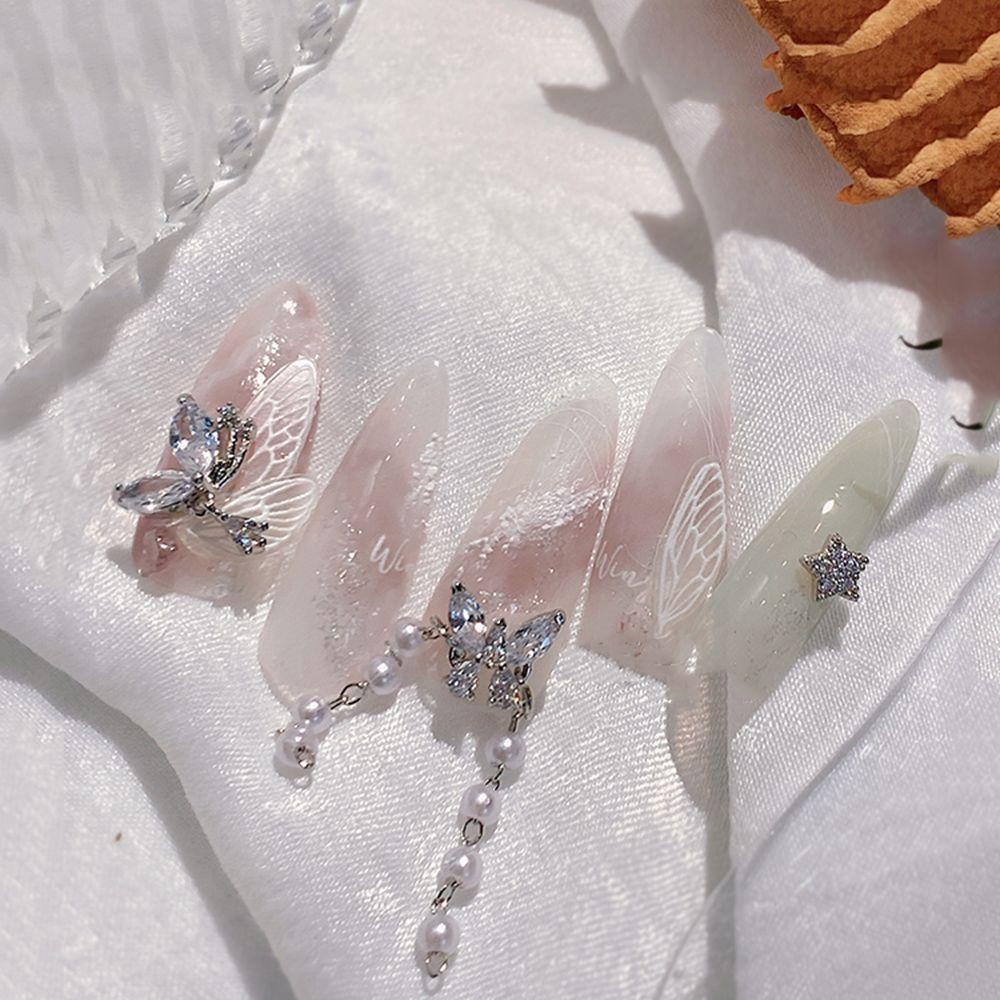 AUGUSTINA Augustina Nail Art Berlian Imitasi Mewah Flash Mutiara Kupu-Kupu Cinta Rantai Liontin Perhiasan Kuku DIY