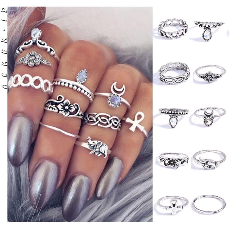 [ACKER] 10 Pcs/set Retro Gajah Bunga Bulan Midi Rings Set Untuk Wanita