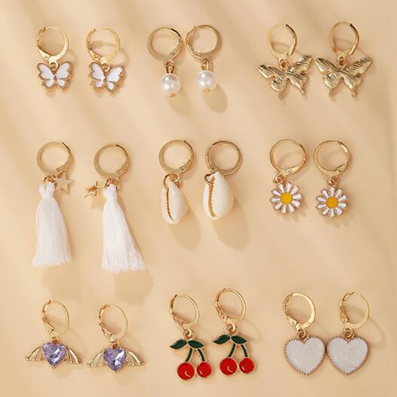 9 Pasang / Set Anting Kombinasi Kupu-Kupu Peach Hati Cherry Mutiara Berlian Imitasi Untuk Wanita