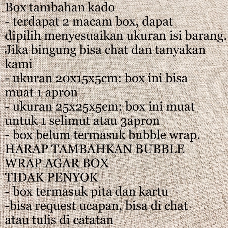 extra box ukuran 20x15x5cm+kartu+pita untuk barang sofiakirana