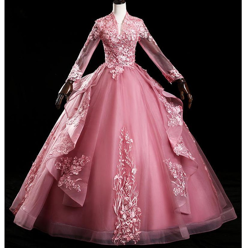 Noble V-neck Quinceanera Dresses Full Sleeve Formal Ball Gown Luxury Embroidery Party Prom Gown