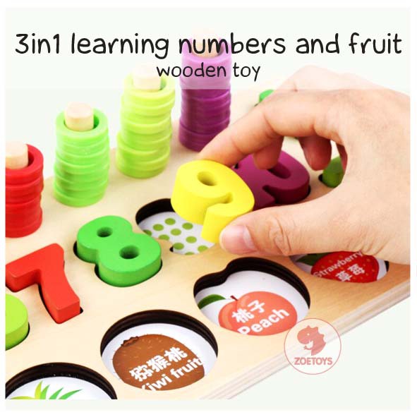 Zoetoys 3in1 Learning Numbers And Shape Fruit Wooden Toy | Papan Kayu Montessori Angka Bentuk Berhitung Digital Board Multifunction Wooden Fishing Logarithmic | Mainan Edukasi Anak | Cari Kado Natal