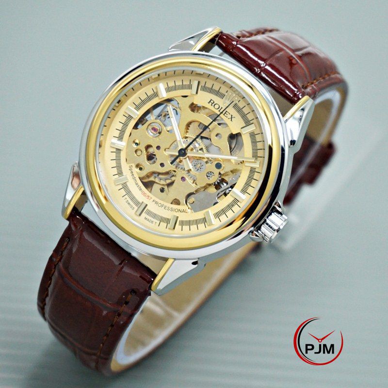 BISA COD - jam tangan pria rolex automatic skeleton tanpa baterai tali kulit asli free box exclusive